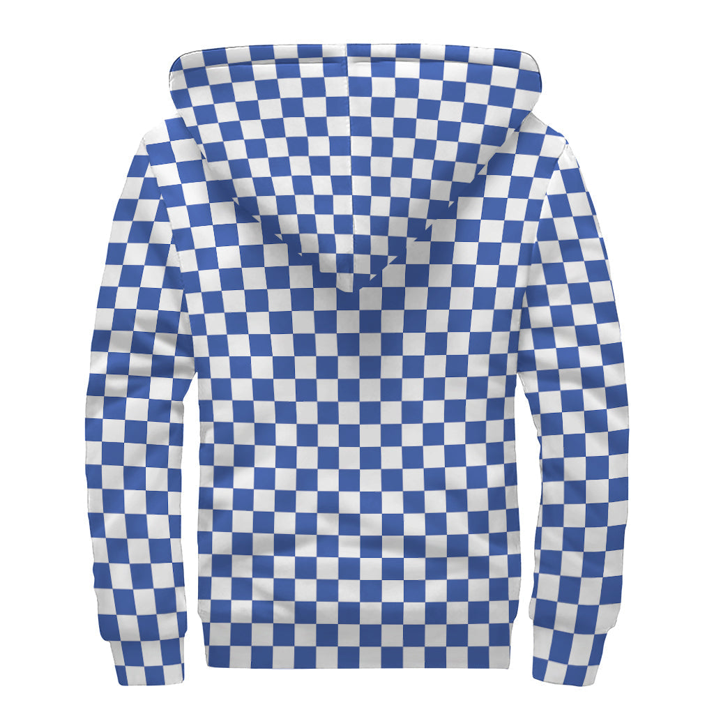 Blue and White Checkered Pattern Print Sherpa Lined Zip Up Hoodie for Groovy Hippies - 2