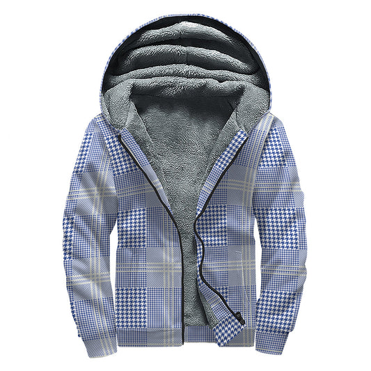 Groovy Vibes: Blue and White Glen Plaid Print Sherpa Lined Zip Up Hoodie - 1