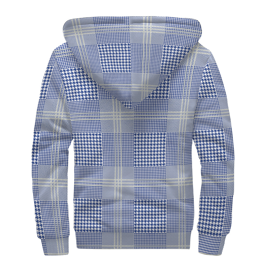 Groovy Vibes: Blue and White Glen Plaid Print Sherpa Lined Zip Up Hoodie - 2