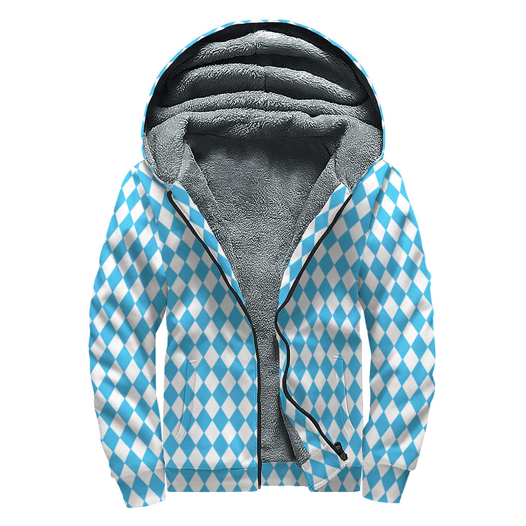 Blue and White Harlequin Pattern Print Sherpa Lined Zip Up Hoodie - Embrace Your Inner Hippie - 1