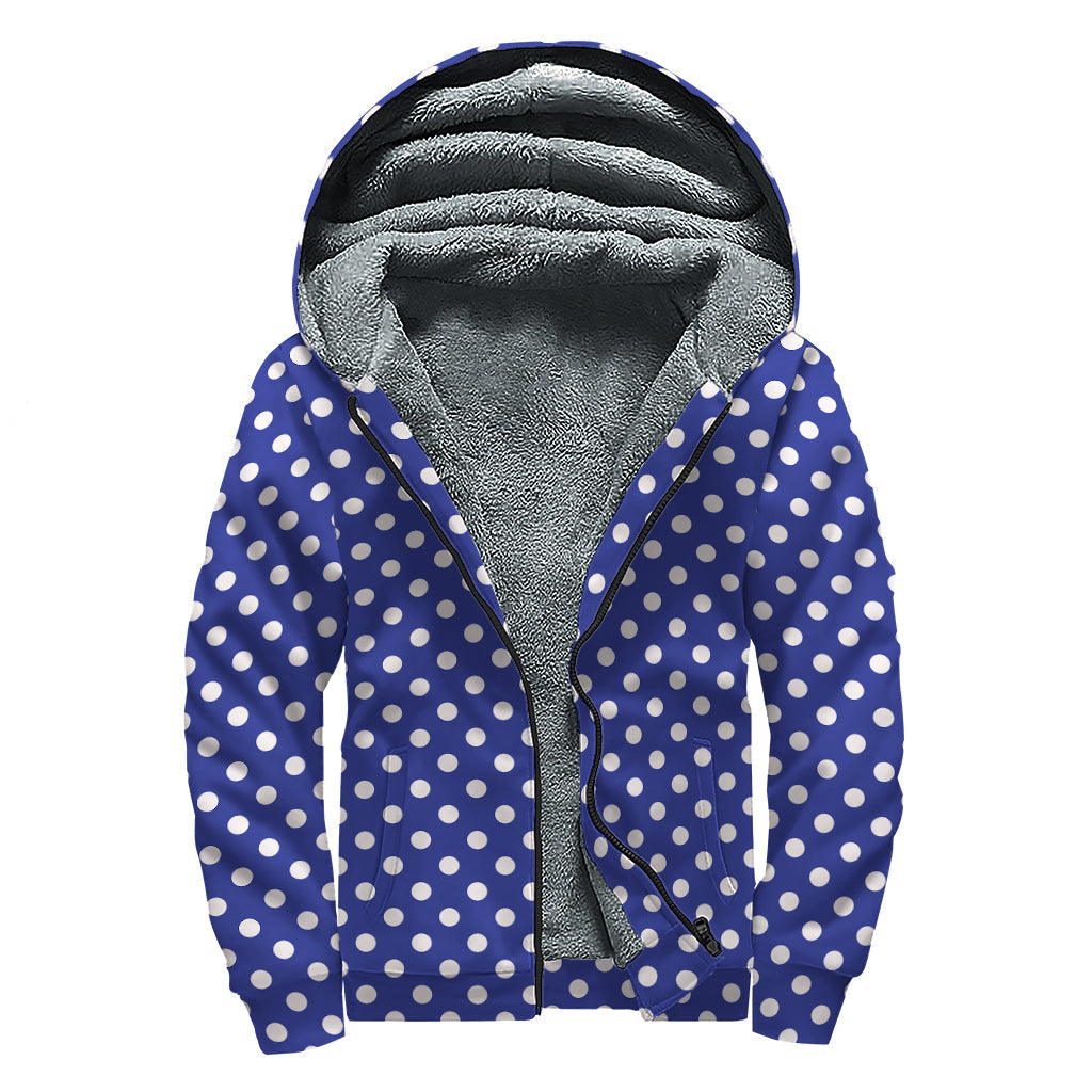 Blue and White Polka Dot Print Sherpa Lined Zip Up Hoodie for Bohemian Beauties - 1