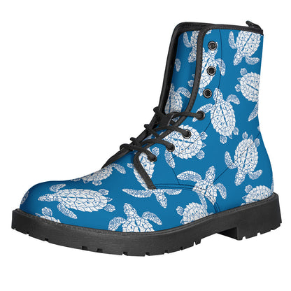 Blue and White Sea Turtle Pattern Leather Boots for Free-Spirited Hippies - 1