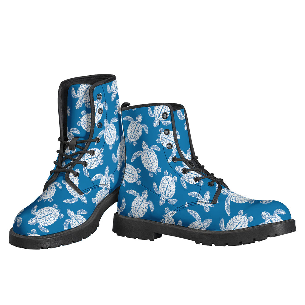 Blue and White Sea Turtle Pattern Leather Boots for Free-Spirited Hippies - 3