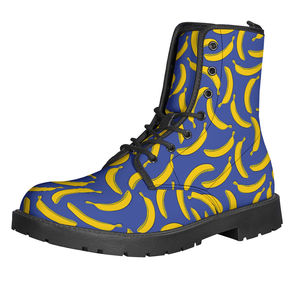 Groovy! Blue and Yellow Banana Pattern Print Leather Boots for Stylish Hippies - 1