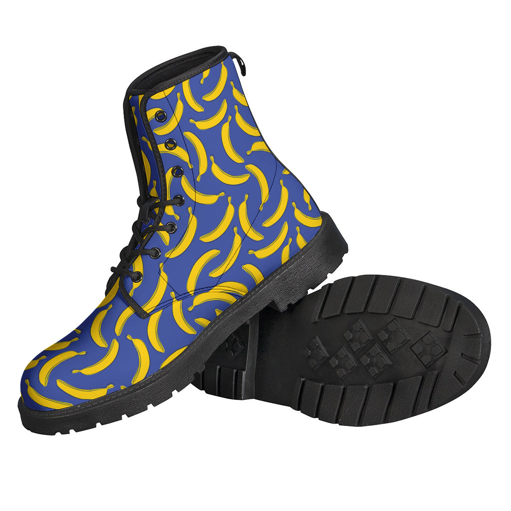 Groovy! Blue and Yellow Banana Pattern Print Leather Boots for Stylish Hippies - 2