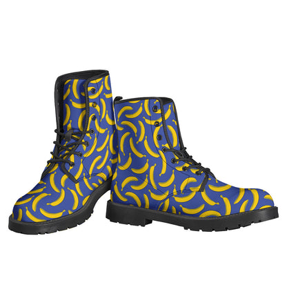 Groovy! Blue and Yellow Banana Pattern Print Leather Boots for Stylish Hippies - 3