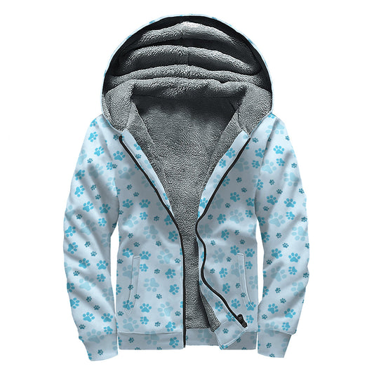 Blue Animal Paw Pattern Hippie Sherpa-Lined Zip Up Hoodie - 1