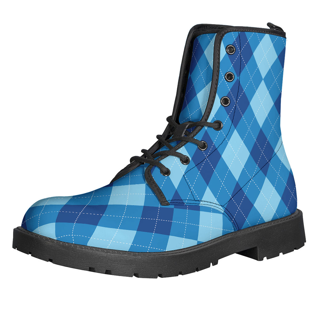 Blue Argyle Pattern Print Leather Boots - 1