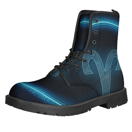 Blue Aries Zodiac Print Leather Hippie Boots - Step Out in Style - 1