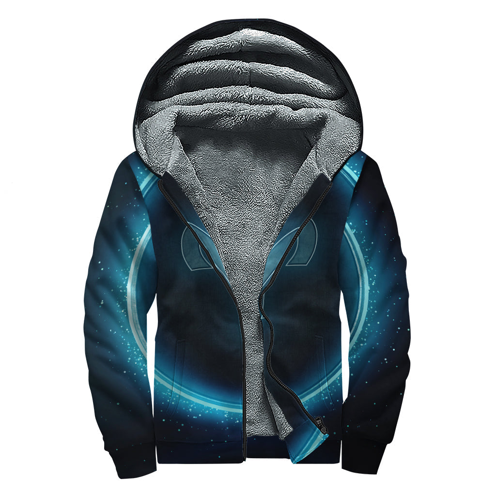 Blue Aries Zodiac Sign Print Sherpa Lined Zip Up Hoodie for Groovy Hippies - 1