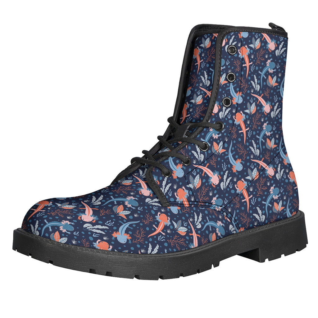 Blue Axolotl Pattern Leather Boots - A Groovy Addition to Your Hippie Style! - 1