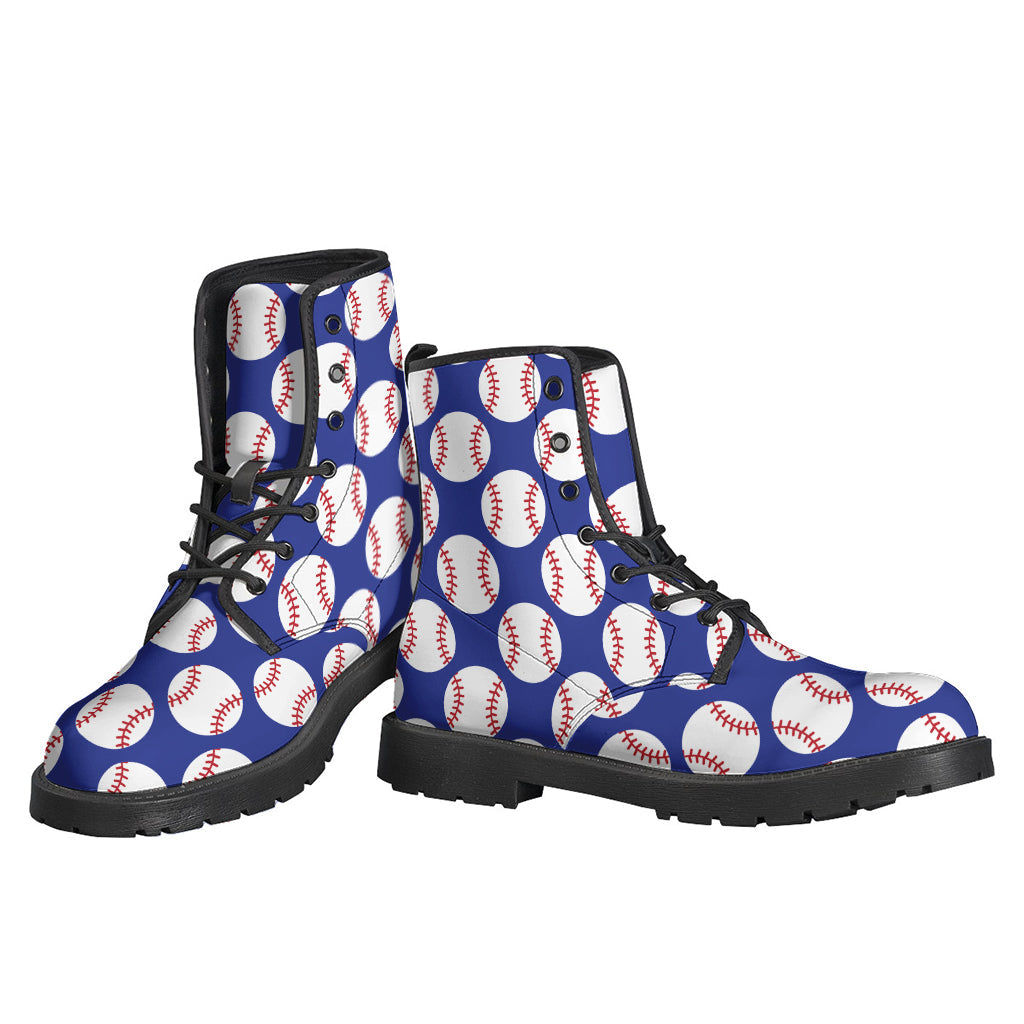 Groovy Blue Baseball Pattern Leather Boots for Stylish Hippies - 3