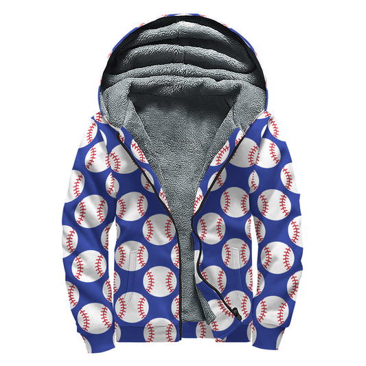 Blue Baseball Pattern Print Sherpa Lined Zip Up Hoodie - Embrace Your Hippie Style! - 1