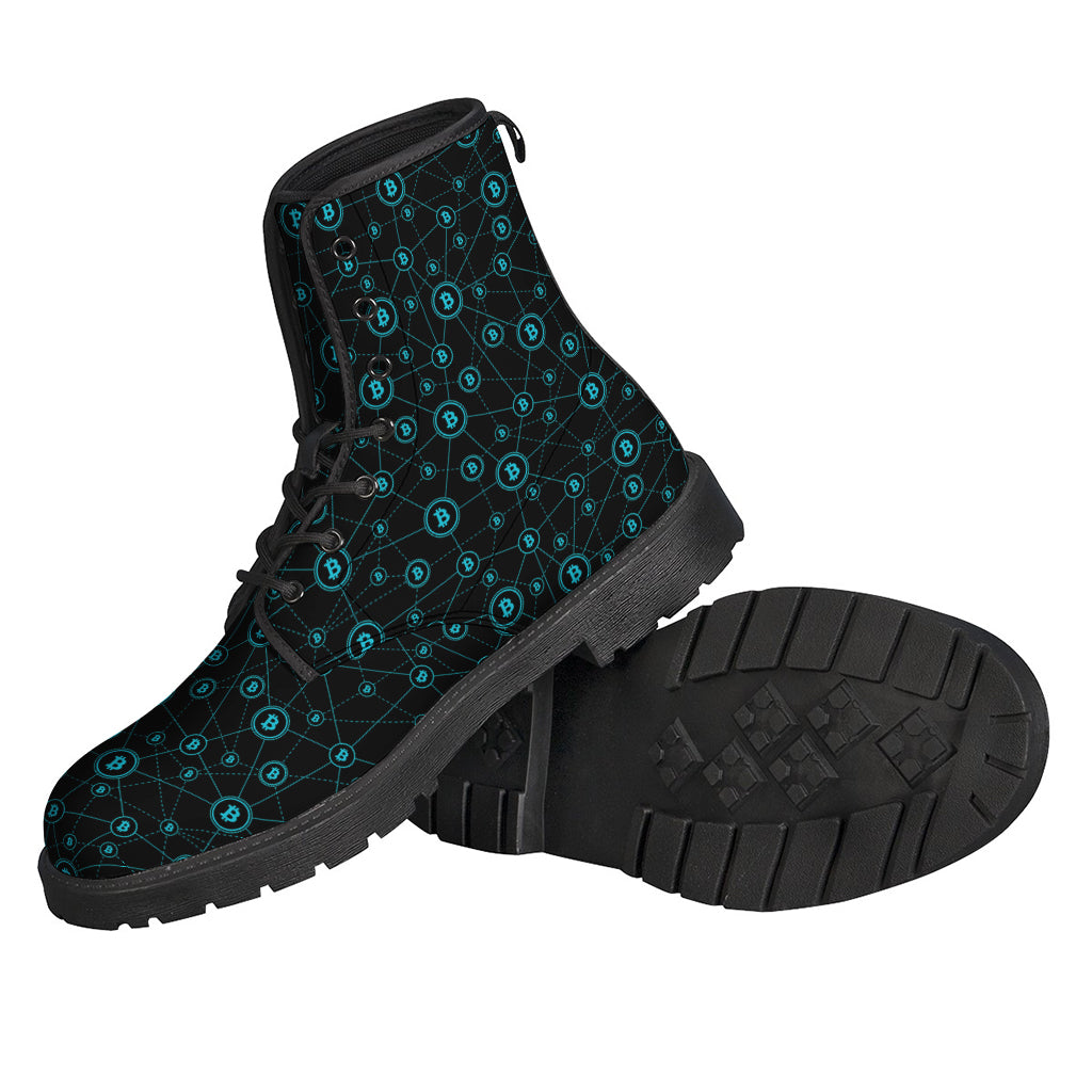 Blue Bitcoin Pattern Print Leather Hippie Boots - 2