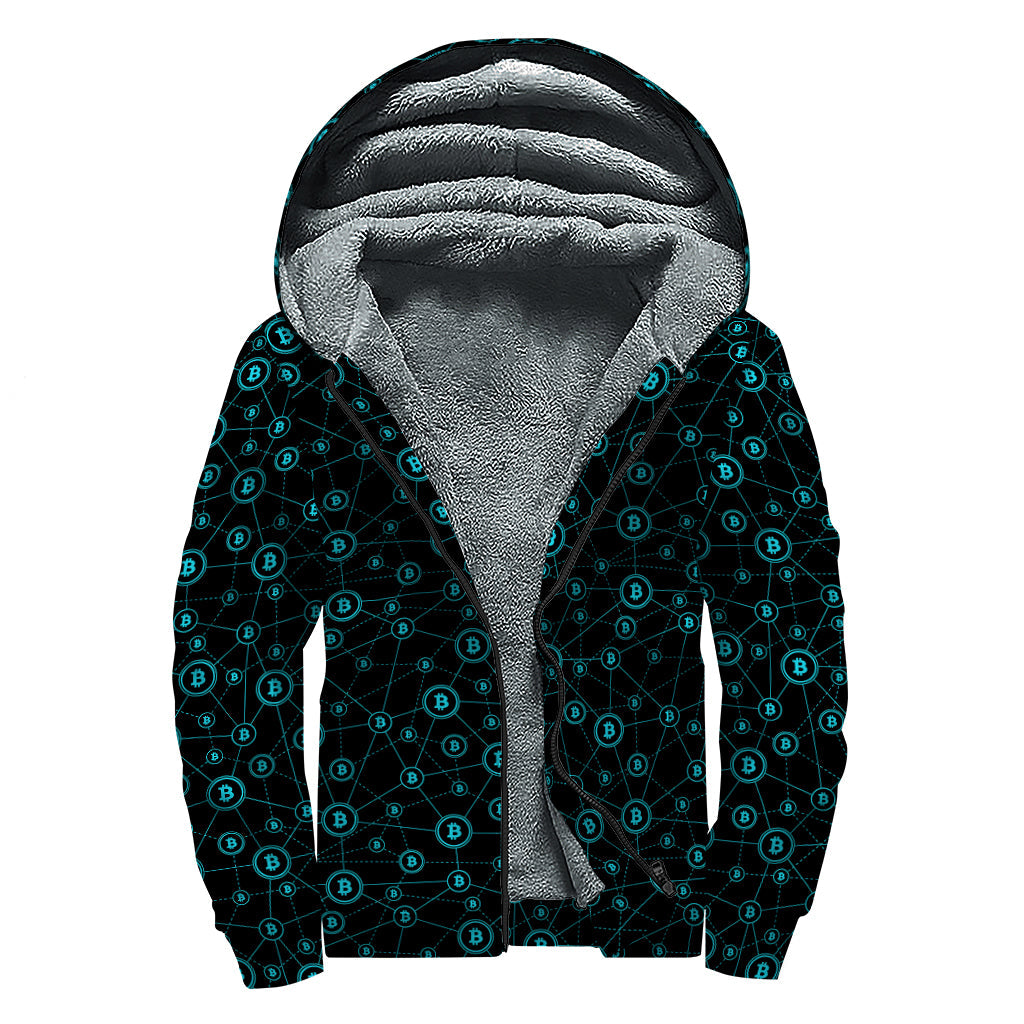 Blue Bitcoin Pattern Print Sherpa Lined Zip Up Hoodie for Free-Spirited Hippies - 1