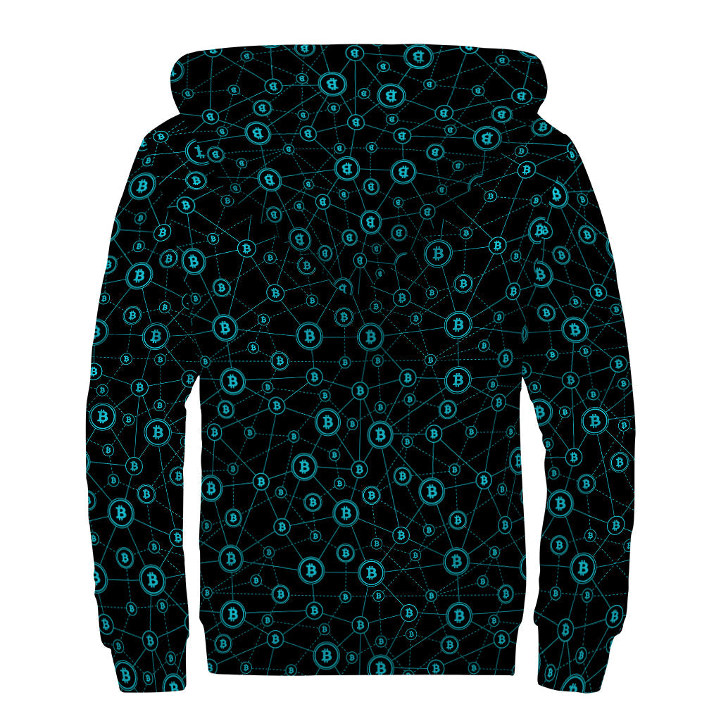 Blue Bitcoin Pattern Print Sherpa Lined Zip Up Hoodie for Free-Spirited Hippies - 2