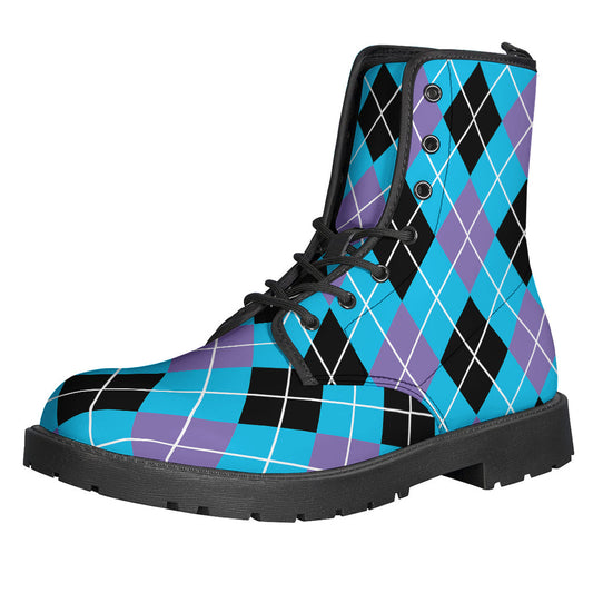 Groovy Vibes: Blue, Black, and Purple Argyle Print Leather Lightweight Boots for Hippies - 1