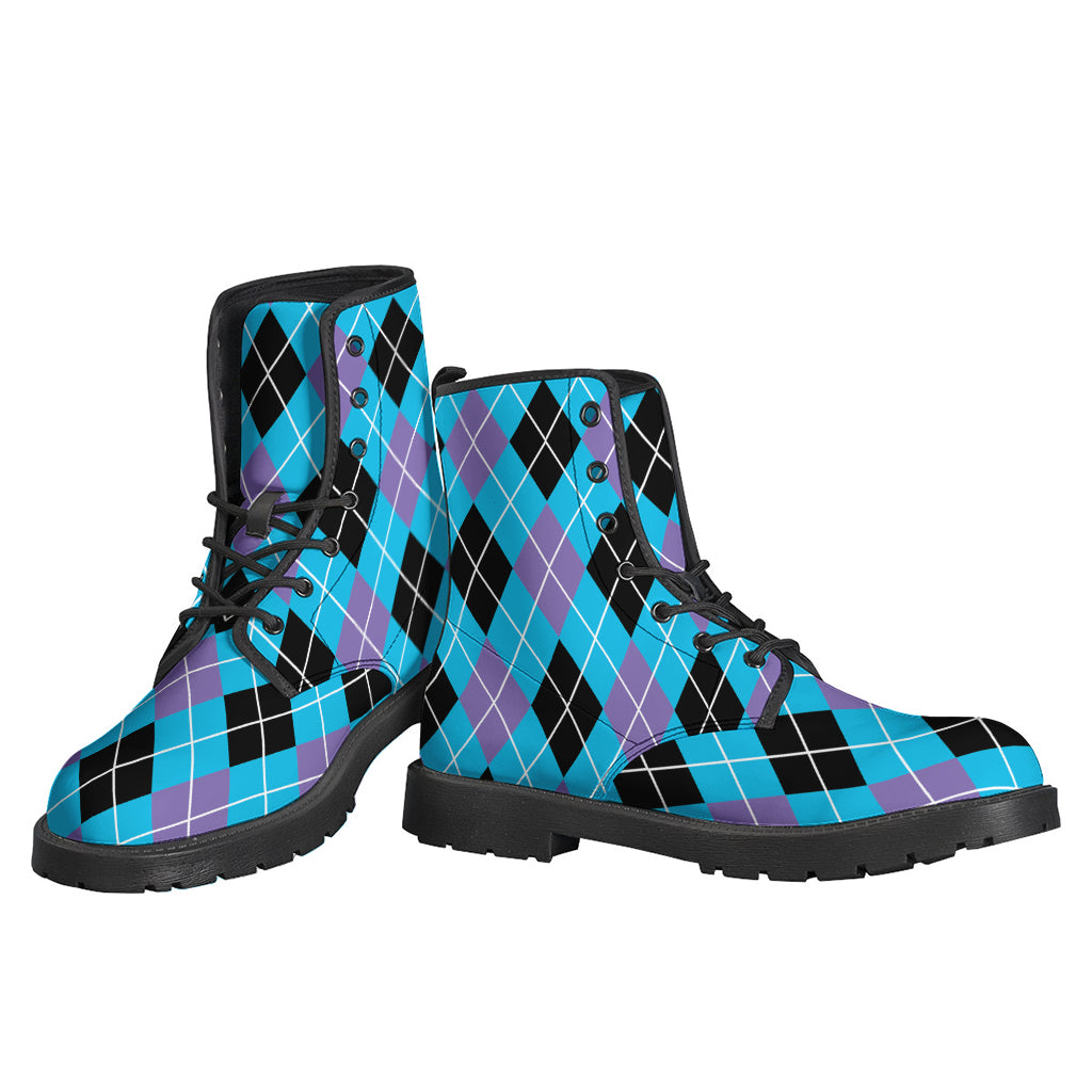 Groovy Vibes: Blue, Black, and Purple Argyle Print Leather Lightweight Boots for Hippies - 3