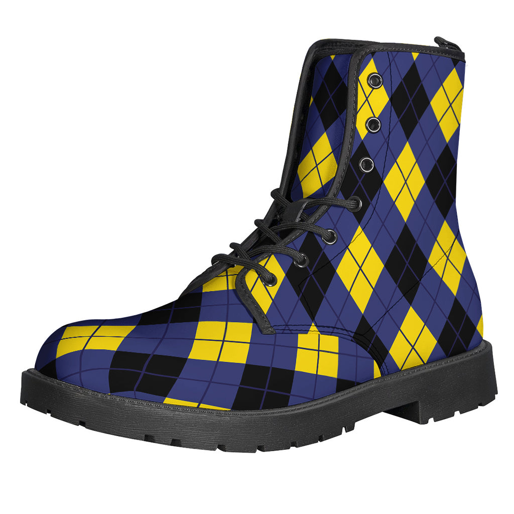 Groovy Vibes: Blue, Black, and Yellow Argyle Print Leather Lightweight Boots for the Modern Hippie - 1