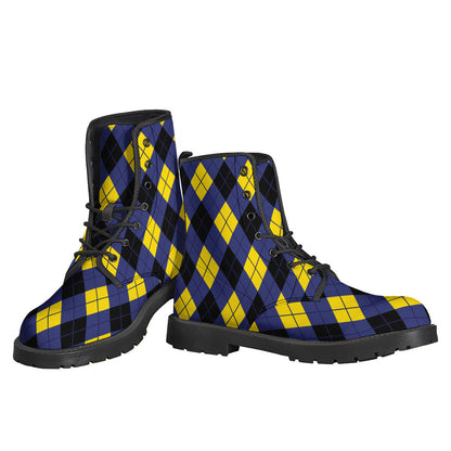 Groovy Vibes: Blue, Black, and Yellow Argyle Print Leather Lightweight Boots for the Modern Hippie - 3