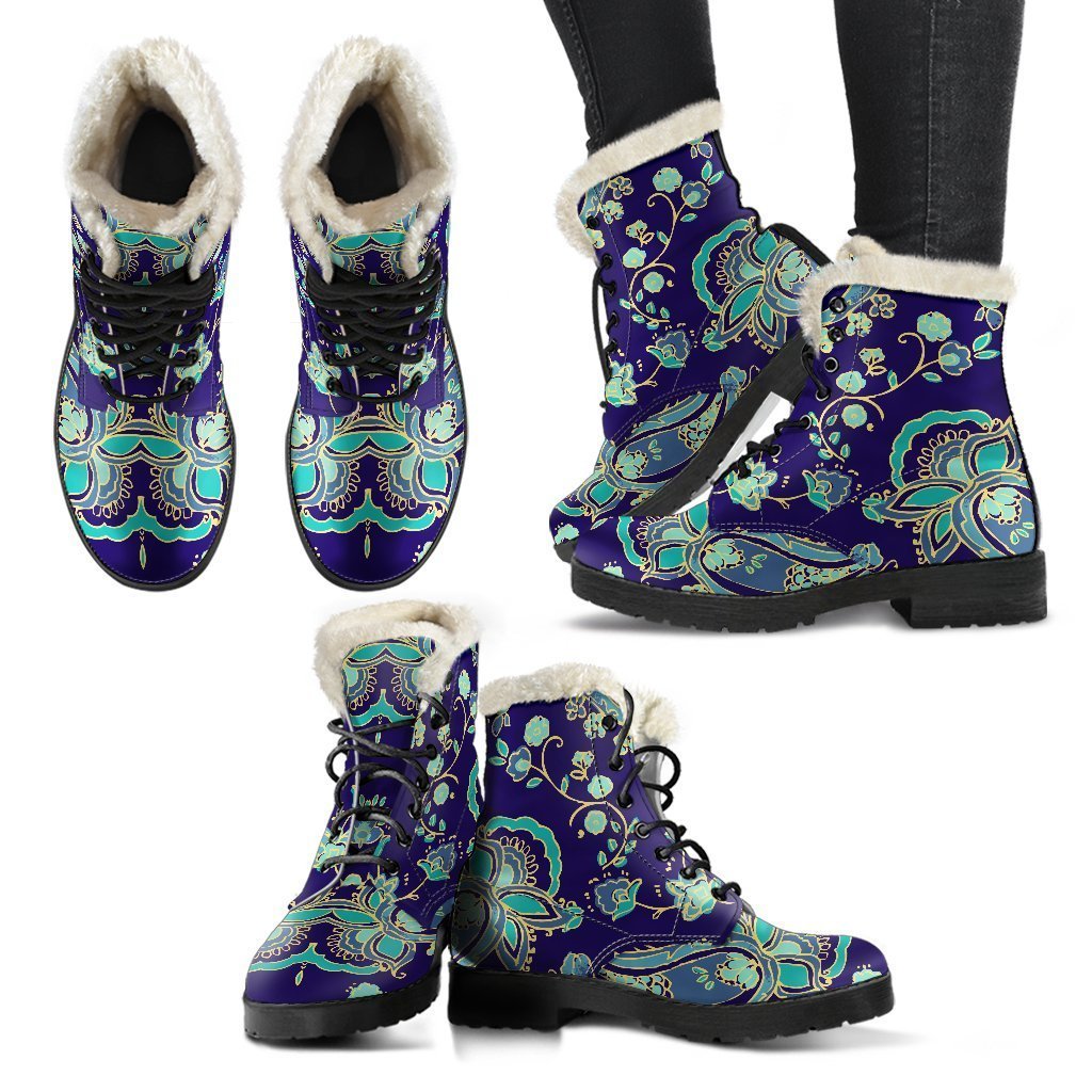 Blue Bohemian Paisley Faux Fur Leather Boots for the Free-Spirited Hippie - 2