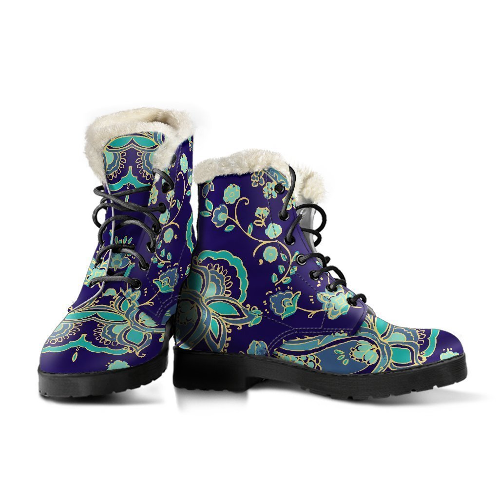 Blue Bohemian Paisley Faux Fur Leather Boots for the Free-Spirited Hippie - 3