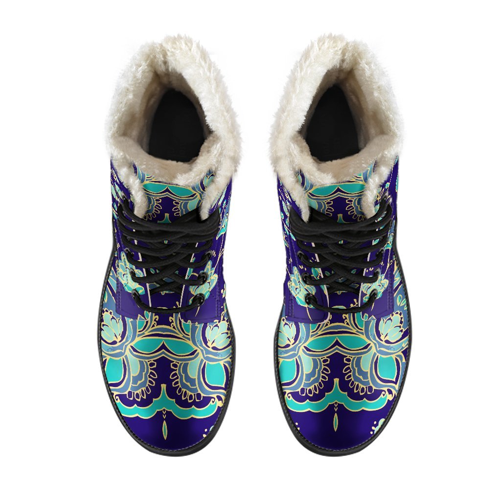 Blue Bohemian Paisley Faux Fur Leather Boots for the Free-Spirited Hippie - 4