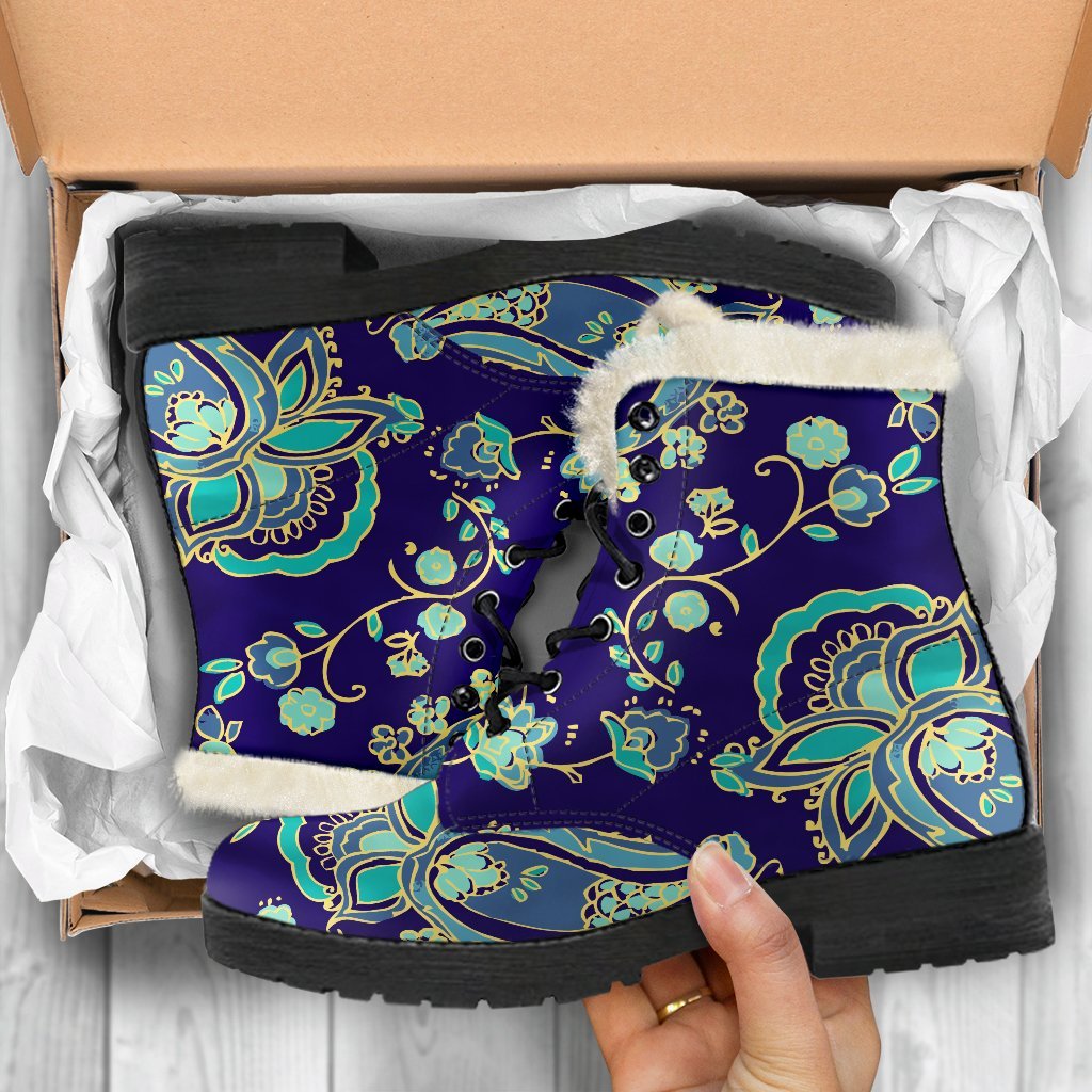 Blue Bohemian Paisley Faux Fur Leather Boots for the Free-Spirited Hippie - 5