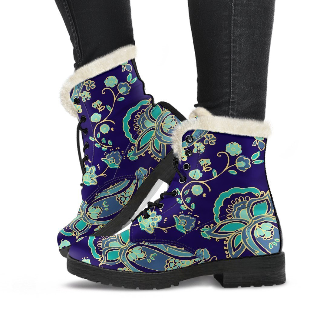 Blue Bohemian Paisley Faux Fur Leather Boots for the Free-Spirited Hippie - 1