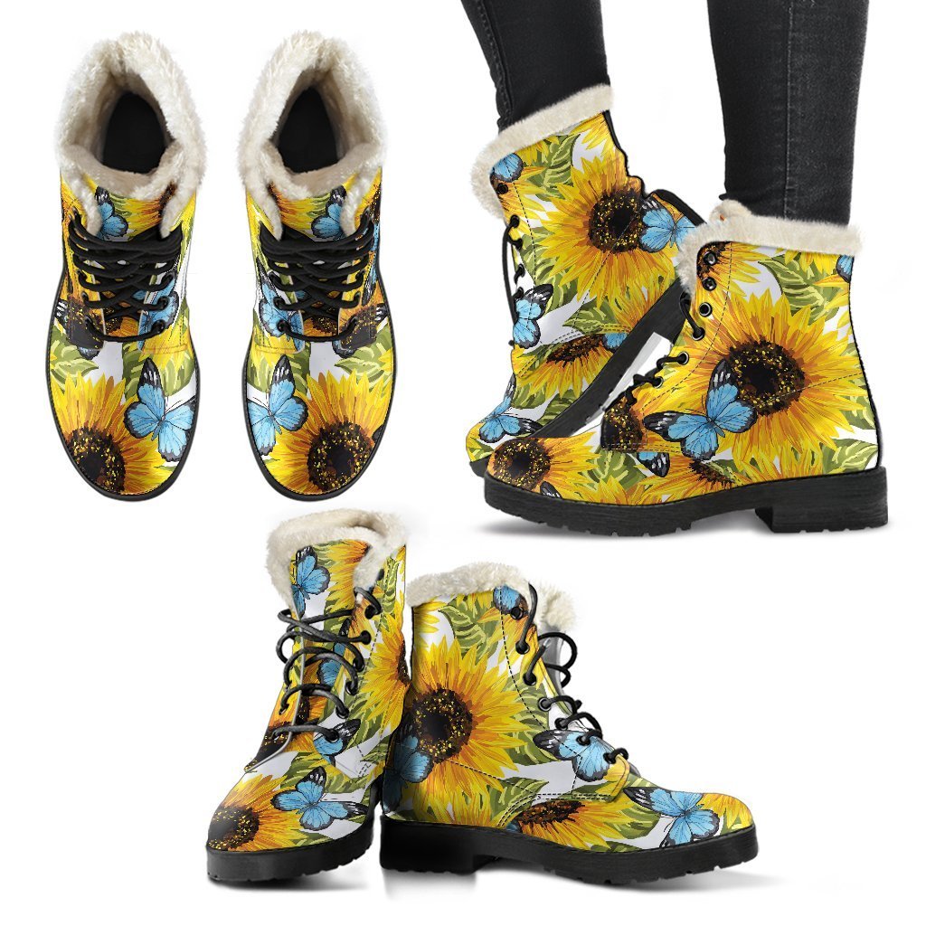 Blue Butterfly & Sunflower Pattern Faux Fur Leather Boots for the Free-Spirited Hippie - 2