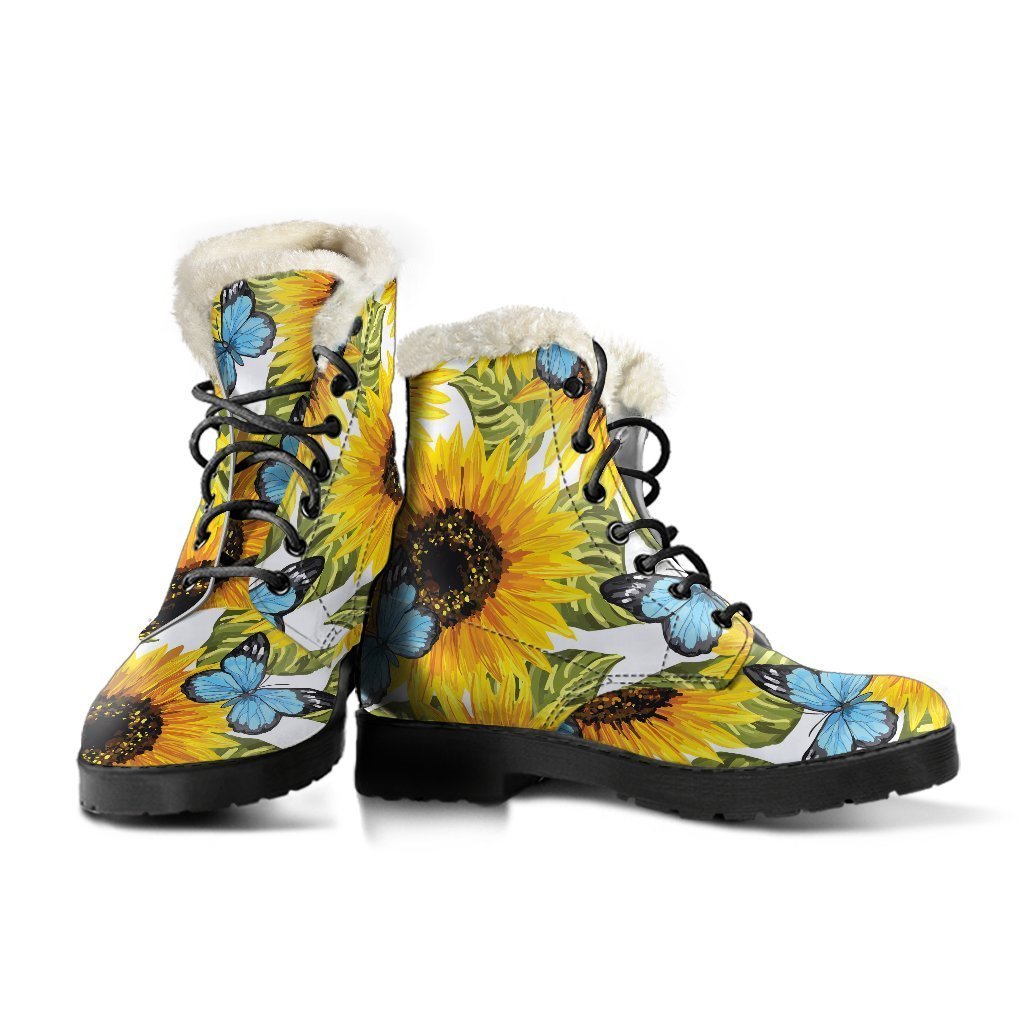 Blue Butterfly & Sunflower Pattern Faux Fur Leather Boots for the Free-Spirited Hippie - 3