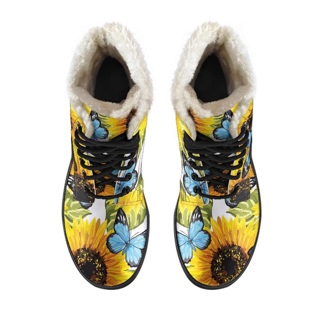 Blue Butterfly & Sunflower Pattern Faux Fur Leather Boots for the Free-Spirited Hippie - 4