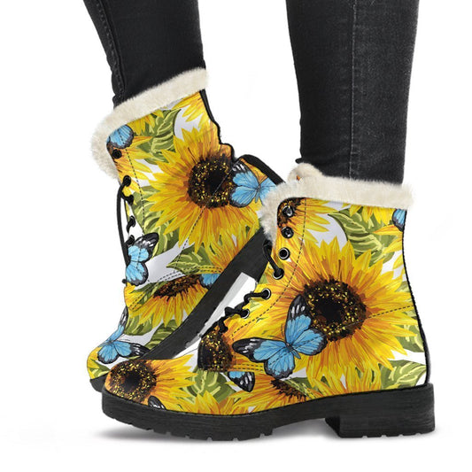 Blue Butterfly & Sunflower Pattern Faux Fur Leather Boots for the Free-Spirited Hippie - 1