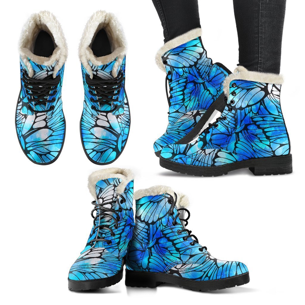 Blue Butterfly Wings Faux Fur Leather Boots for Free-Spirited Hippies - 2