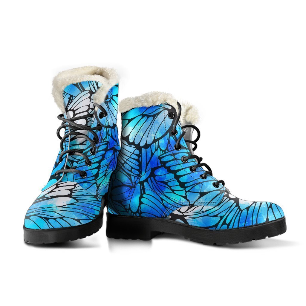 Blue Butterfly Wings Faux Fur Leather Boots for Free-Spirited Hippies - 3