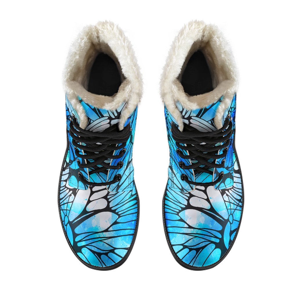 Blue Butterfly Wings Faux Fur Leather Boots for Free-Spirited Hippies - 4