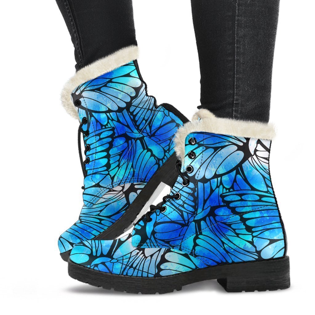 Blue Butterfly Wings Faux Fur Leather Boots for Free-Spirited Hippies - 1