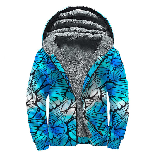 Blue Butterfly Wings Sherpa Lined Zip Up Hoodie: Embrace Your Hippie Vibe! - 1