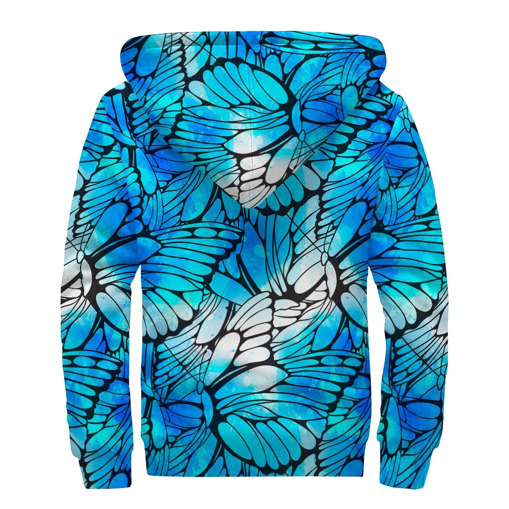 Blue Butterfly Wings Sherpa Lined Zip Up Hoodie: Embrace Your Hippie Vibe! - 2