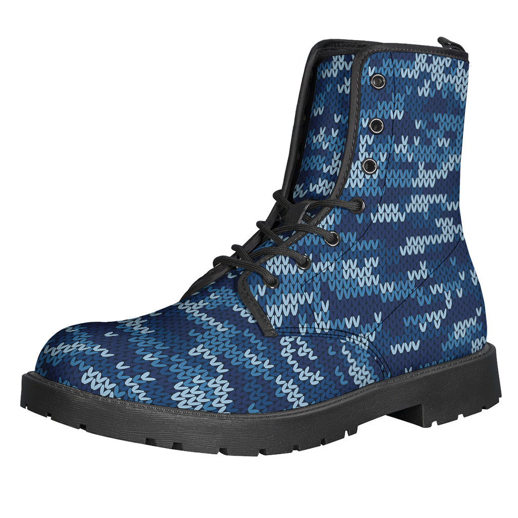 Blue Camouflage Knitted Pattern Leather Boots for the Boho Spirit - 1