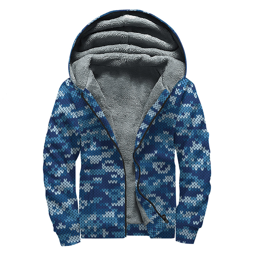 Blue Camouflage Knitted Pattern Sherpa Lined Zip Up Hoodie for Free Spirit Hippies - 1