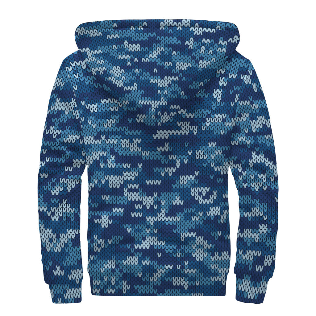 Blue Camouflage Knitted Pattern Sherpa Lined Zip Up Hoodie for Free Spirit Hippies - 2