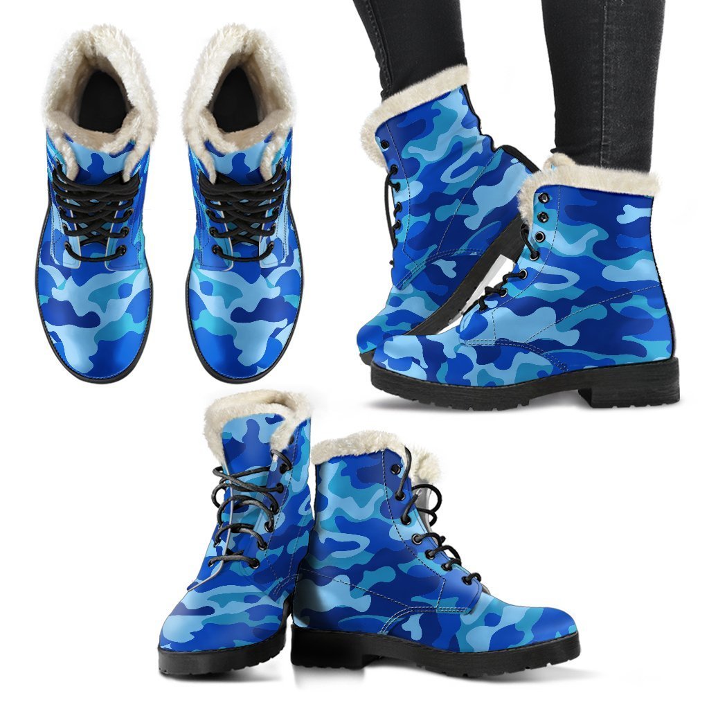 Blue Camouflage Print Faux Fur Leather Boots: Groovy Hippie Style - 2