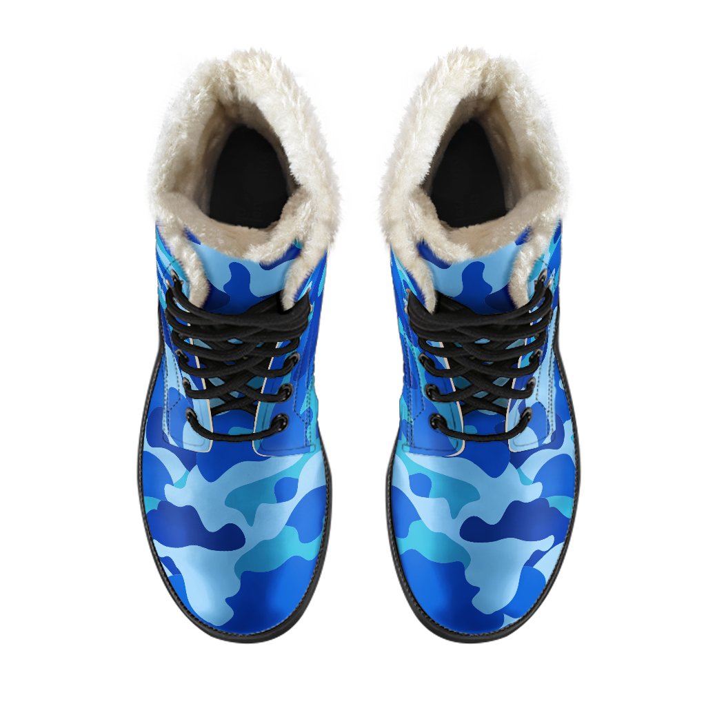 Blue Camouflage Print Faux Fur Leather Boots: Groovy Hippie Style - 4