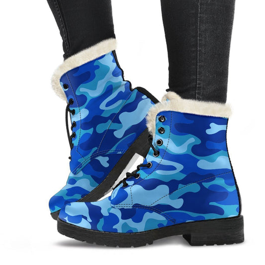 Blue Camouflage Print Faux Fur Leather Boots: Groovy Hippie Style - 1