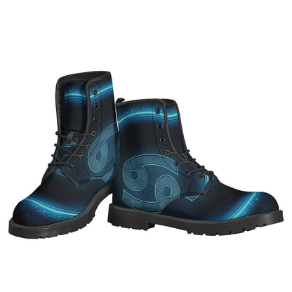 Blue Cancer Zodiac Sign Leather Lightweight Boots for Free-Spirited Hippies - 3