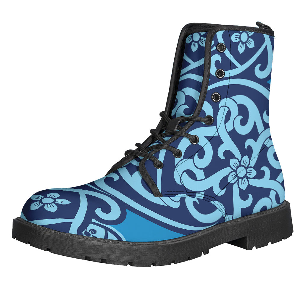 Groovy Blue Celtic Symbol Print Leather Lightweight Boots for the Free-Spirited Hippie - 1