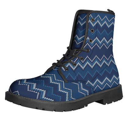 Blue Chevron Knitted Pattern Print Leather Boots for the Free-Spirited Hippie - 1