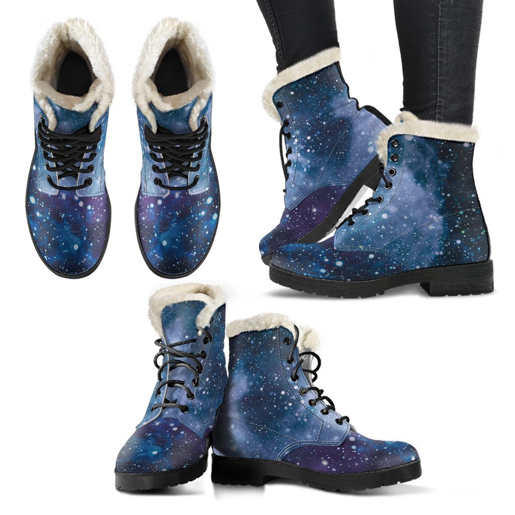 Blue Cloud Starfield Galaxy Space Print Faux Fur Leather Boots: Embracing Your Inner Hippie Style - 2