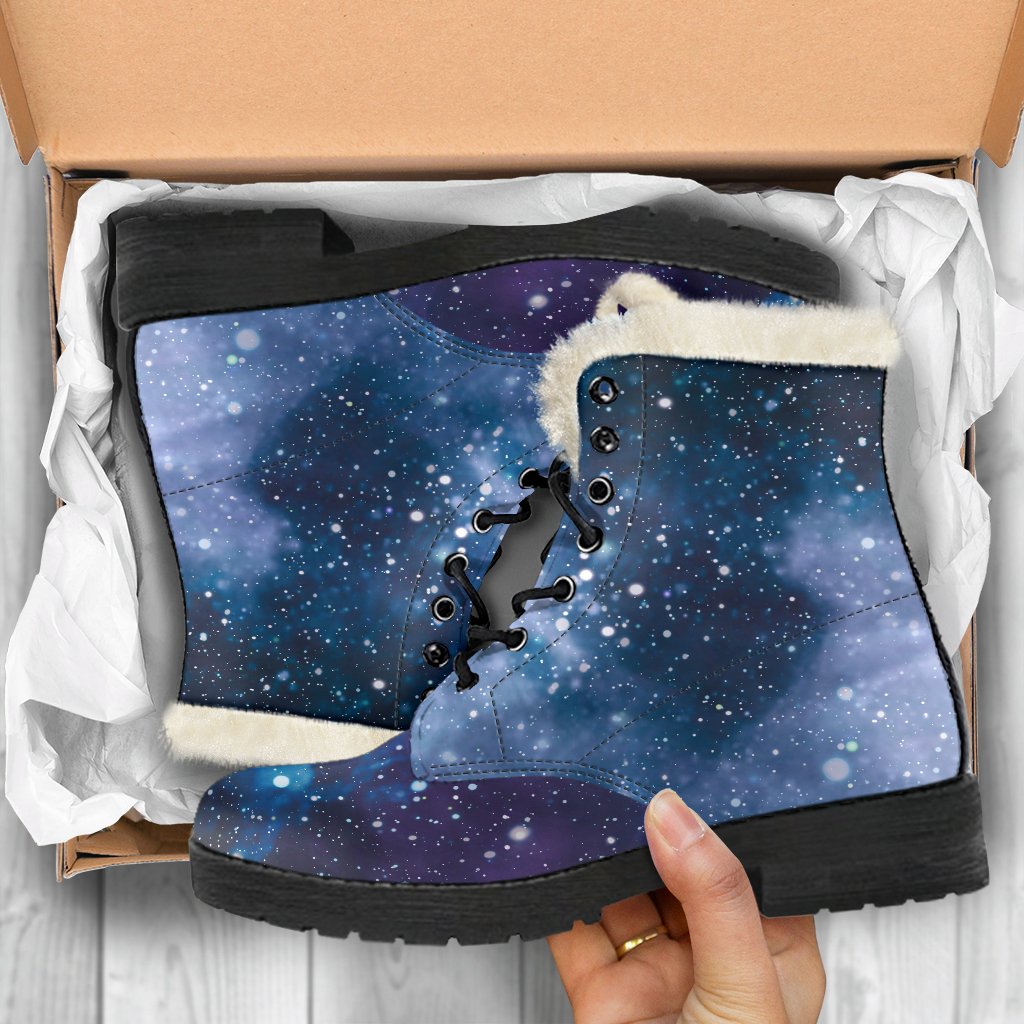 Blue Cloud Starfield Galaxy Space Print Faux Fur Leather Boots: Embracing Your Inner Hippie Style - 5